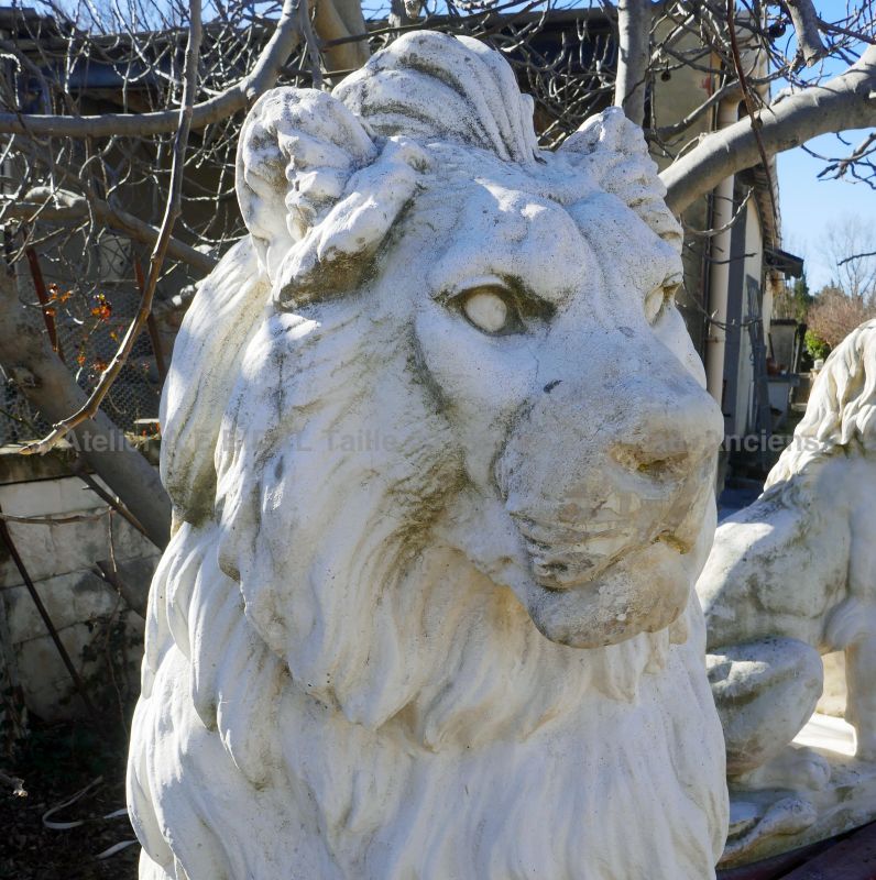 Décoration de jardin : paire de majestueux lions assis - Matériaux Anciens en Provence Alain BIDAL
