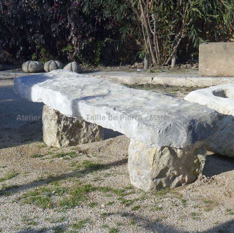 Large stone bench with massive legs - Antique garden furniture in stone