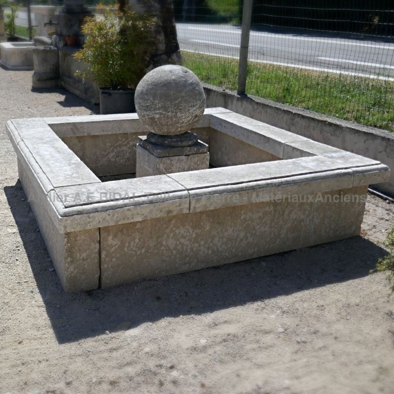 Provencal stone basin | Square fountain with base and stone ball