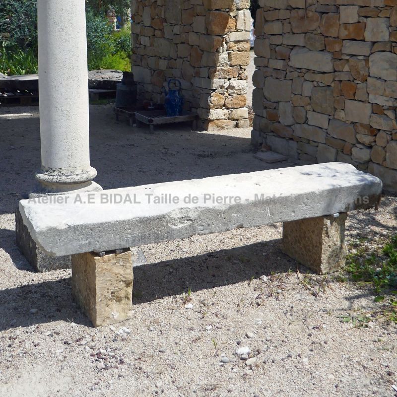 Large old stone bench with massive legs - antique garden furniture by Atelier Alain BIDAL