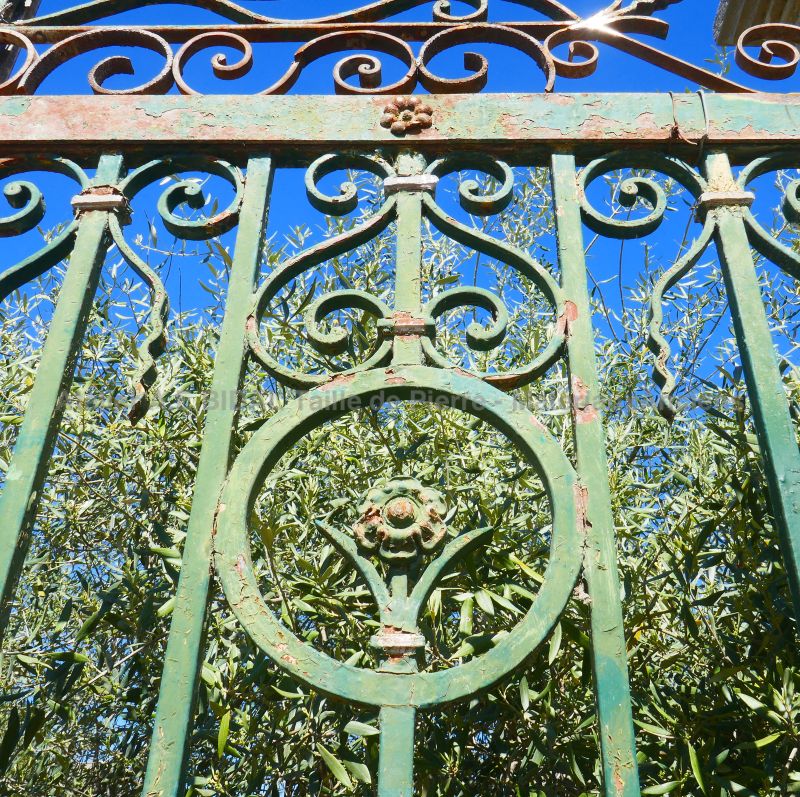 Portail ancien à deux battants en fer forgé - beau portail ancien en fer forgé coloré en vert