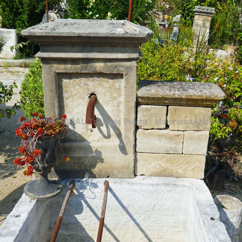 Antique stone pediment of our garden fountain with old trough | Decorative fountain for sale in Provence at Bidal's.
