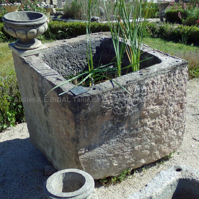 High antique square stone trough with a beautifully aged patina