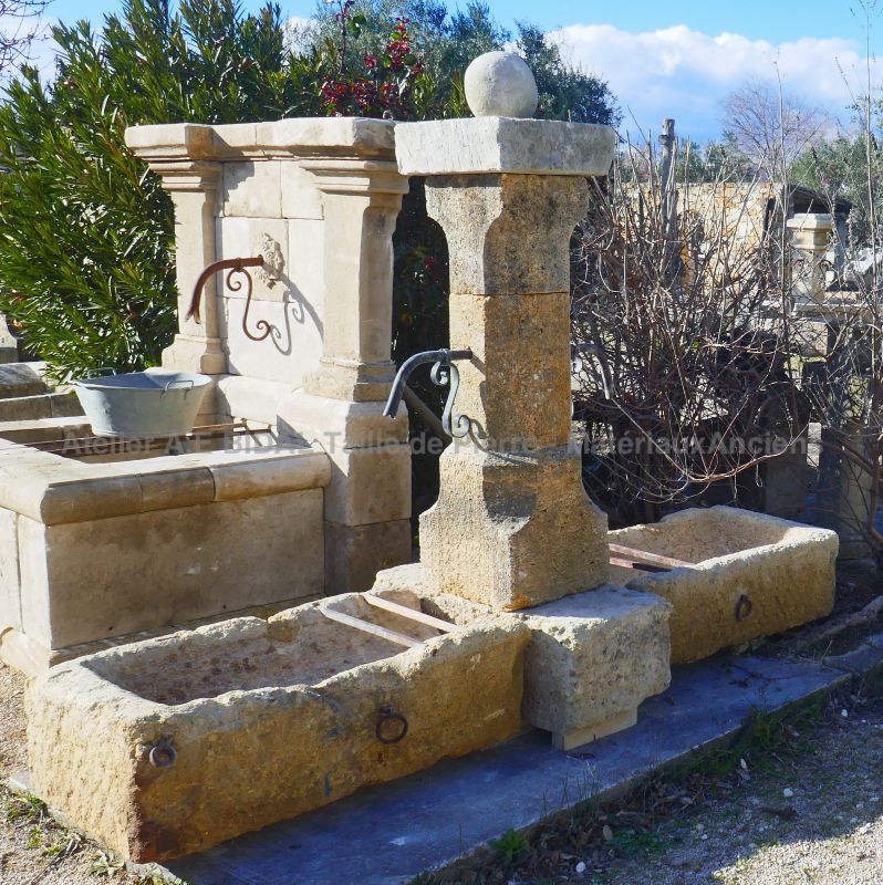 Provence fountain with 2 basins and column in stone for sale at Alain BIDAL Antique Materials