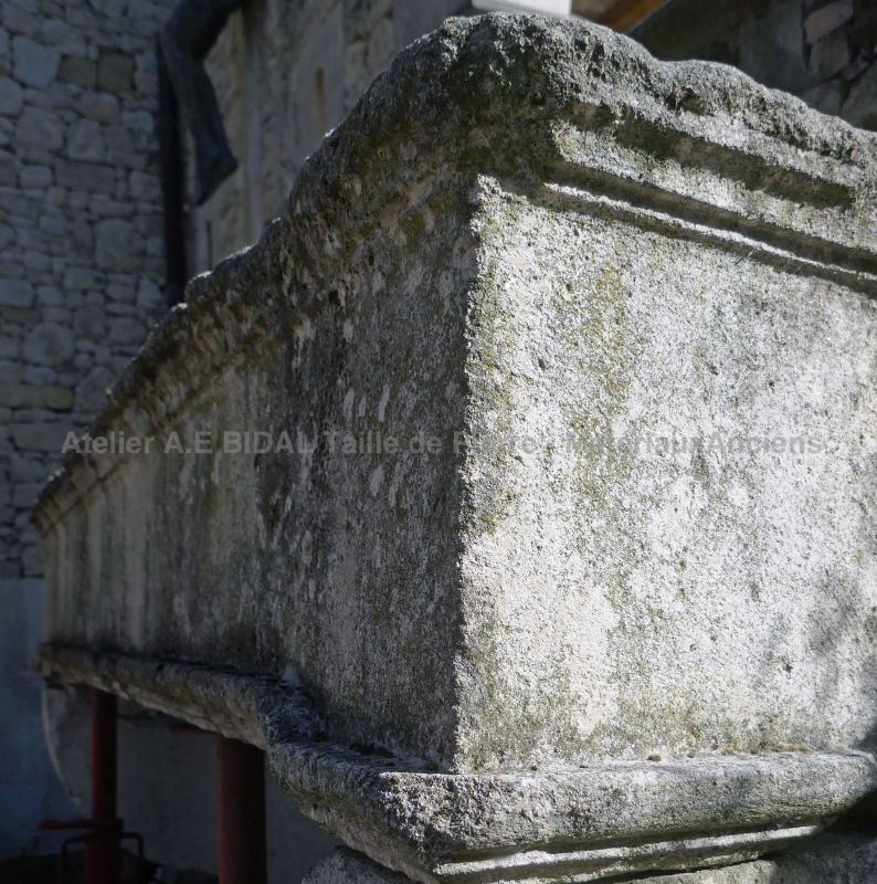 Details of the massive lintel of our antique Louis XIV fireplace in stone