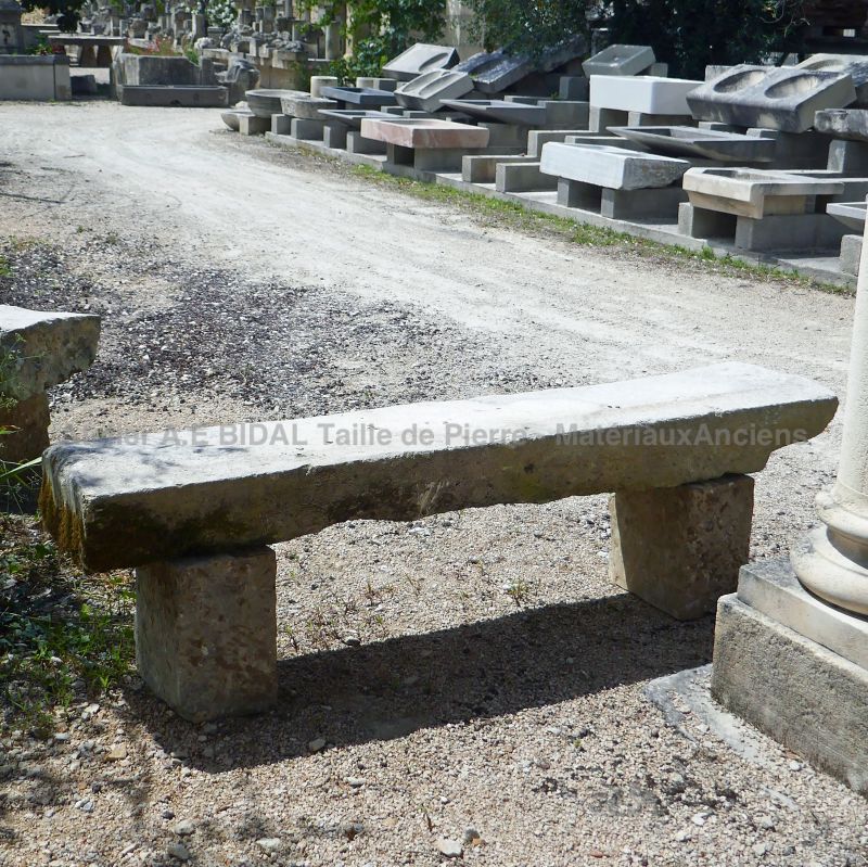 Long rustic stone bench : antique garden furniture by Alain BIDAL