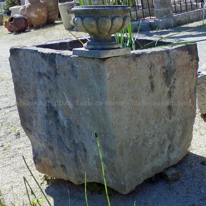 High antique square stone trough with a beautifully aged patina