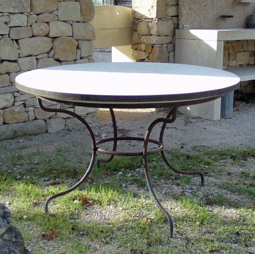 Hand-crafted furniture : Garden table in stone and antique wrought iron by the Atelier Alain BIDAL (Provence)