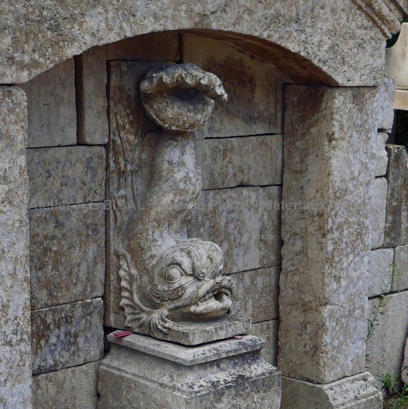 Detail of the carved water outlet on our wall fountain in old stone | Stone fountain with water-spitting fish.